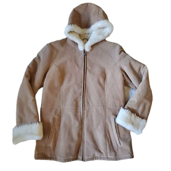 Wilsons Leather Women's Hooded Suede Jacket Brown Tan Size Large Penny Lane Y2K - Picture 1 of 9